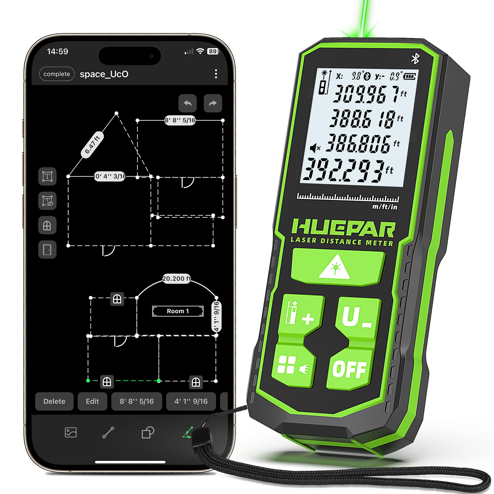 Huepar S120G-BT Distanciómetro Láser Bluetooth (120 m / 395 ft, Precisión ±1,5 mm, Control por App, Área y Volumen)