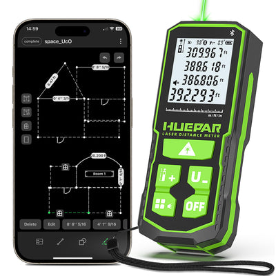 Huepar S120G-BT Distanciómetro Láser Bluetooth (120 m / 395 ft, Precisión ±1,5 mm, Control por App, Área y Volumen)