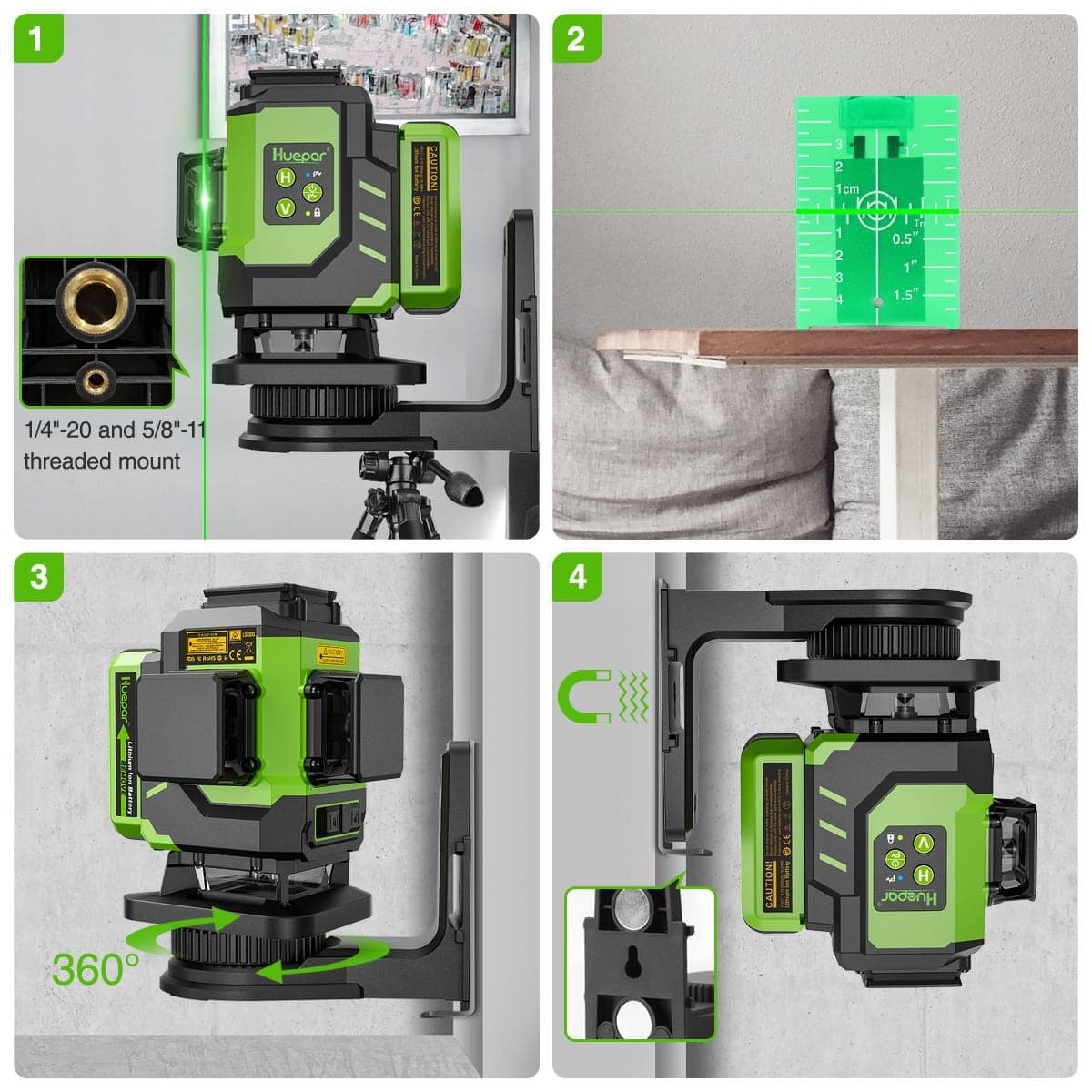 Huepar LS03DG - 3x360°Laser Level with 2 Li-ion Batteries 3D Green Cross Line Self Leveling - HUEPAR US