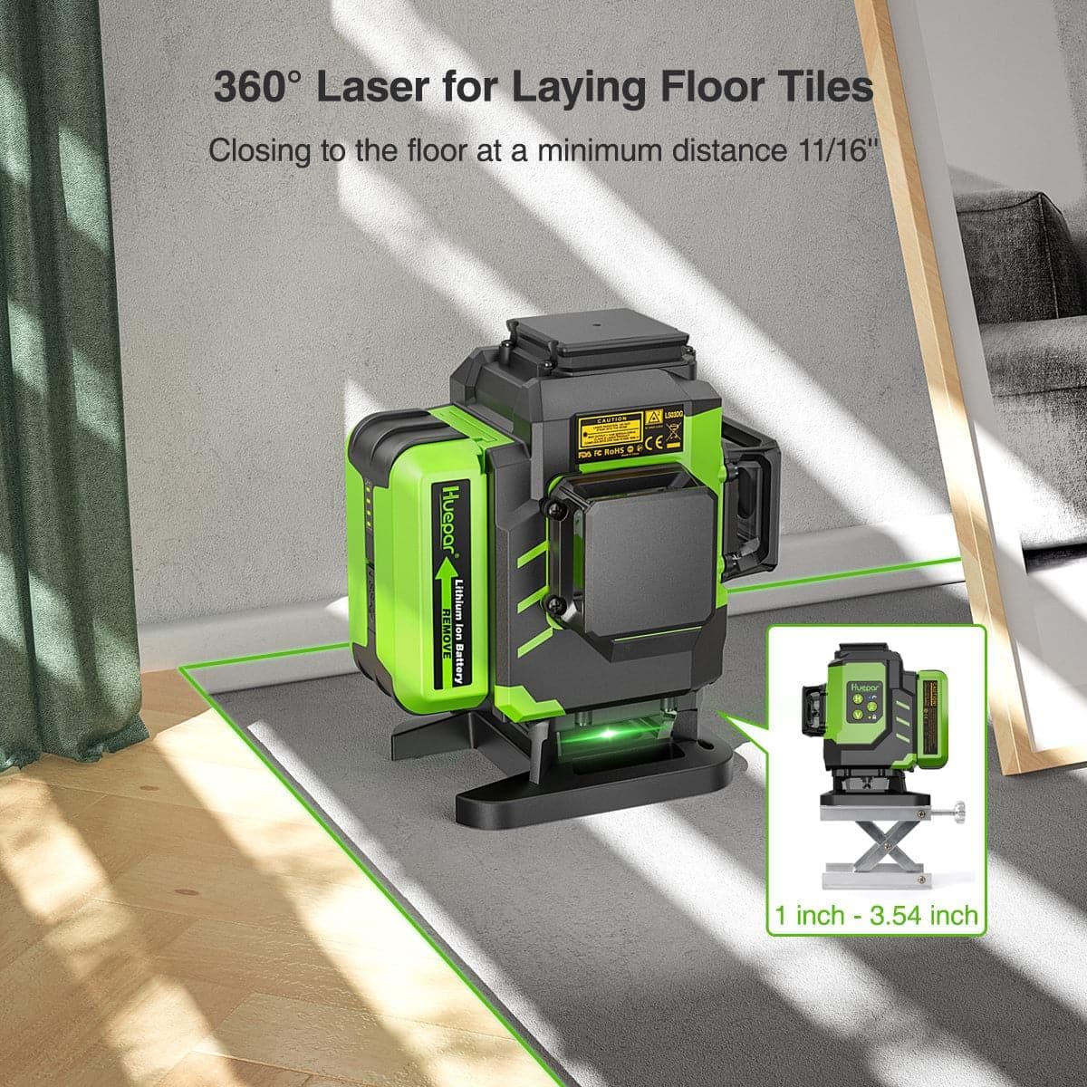 Huepar LS03DG - 3x360°Laser Level with 2 Li-ion Batteries 3D Green Cross Line Self Leveling - HUEPAR US